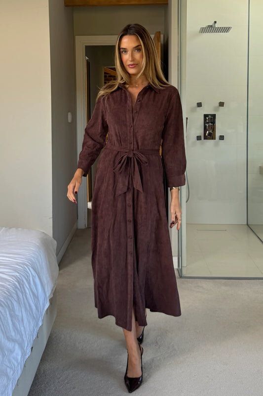 Girl in Mind Angela Maxi Shirt Dress Chocolate Suede