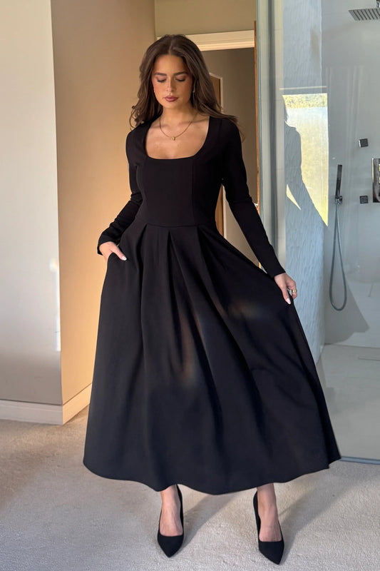Girl in Mind Evie Square Neck Midi Dress Black