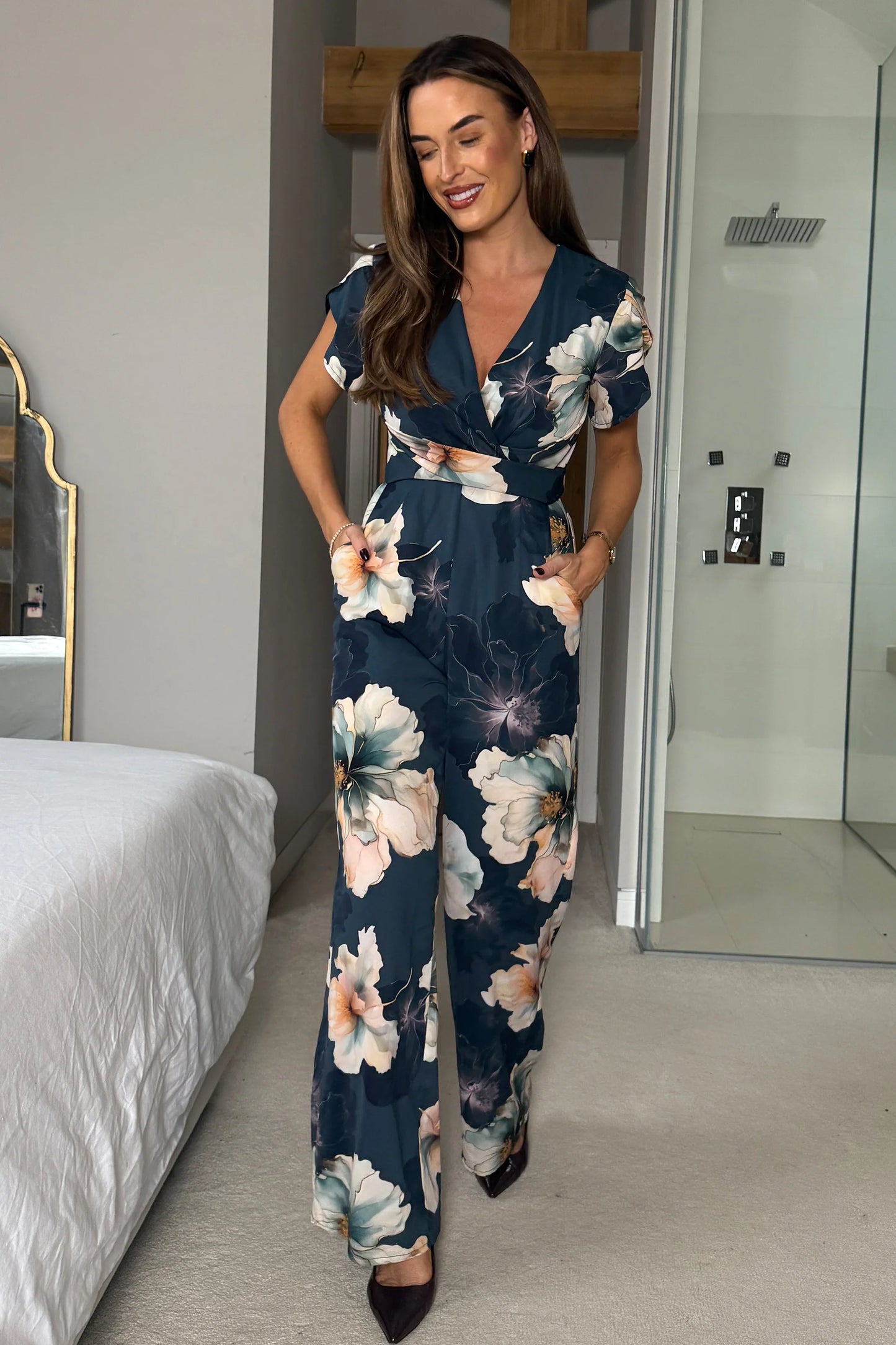 Girl in Mind Bridget Twist Font Split Arm Jumpsuit Blue Floral