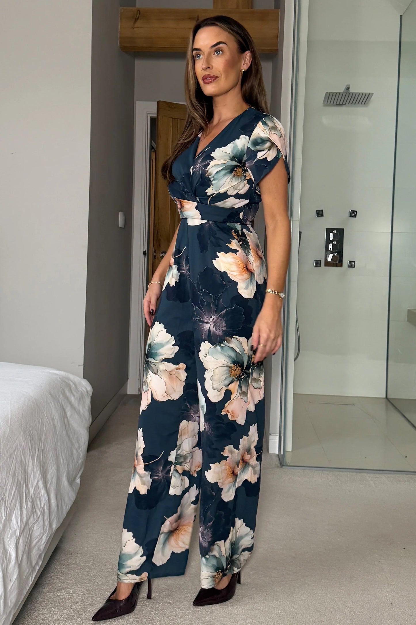 Girl in Mind Bridget Twist Font Split Arm Jumpsuit Blue Floral