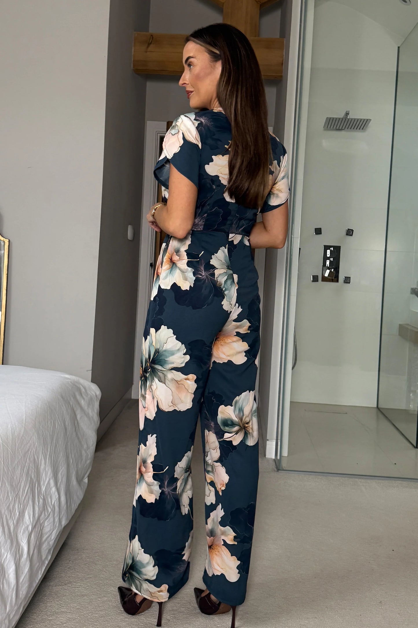 Girl in Mind Bridget Twist Font Split Arm Jumpsuit Blue Floral
