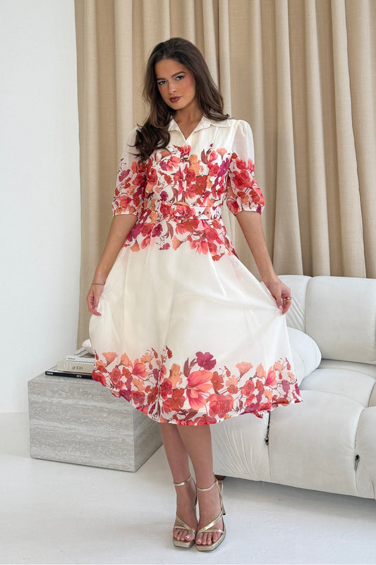 Girl in Mind Holland Cream And Pink Floral Collar Midi Dress
