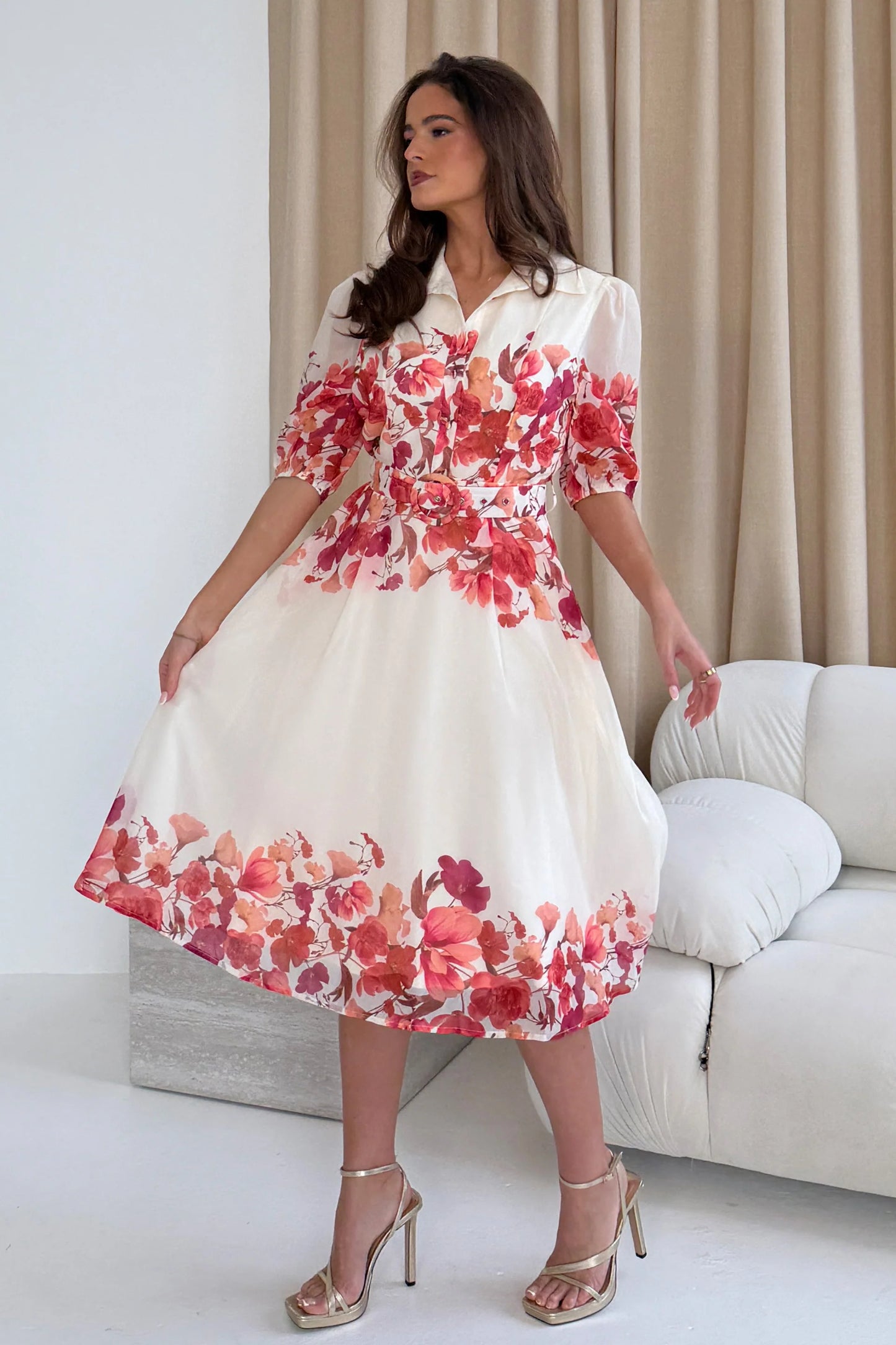 Girl in Mind Holland Cream And Pink Floral Collar Midi Dress