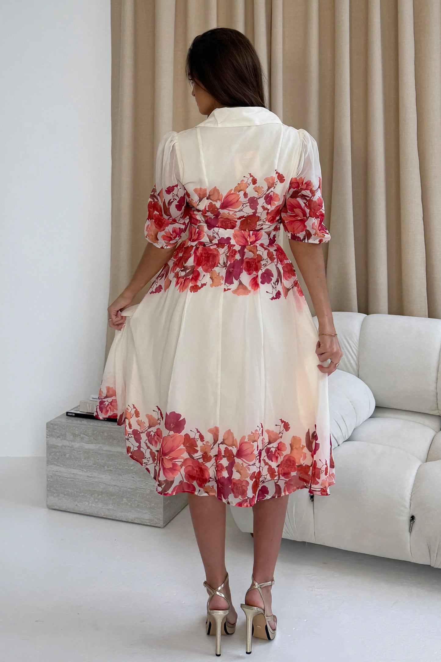 Girl in Mind Holland Cream And Pink Floral Collar Midi Dress
