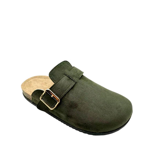 Green Suede Slip On Buckle Clogs
