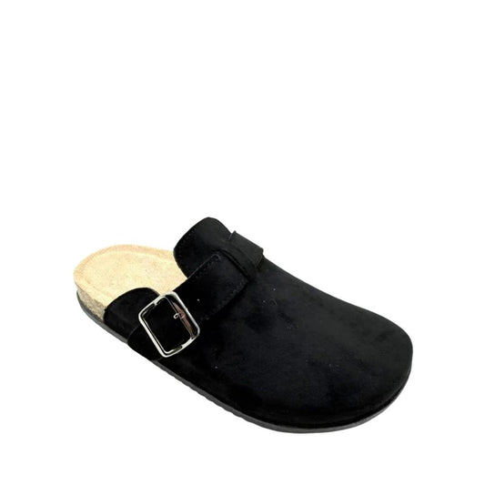 Black Suede Slip On Buckle Clogs