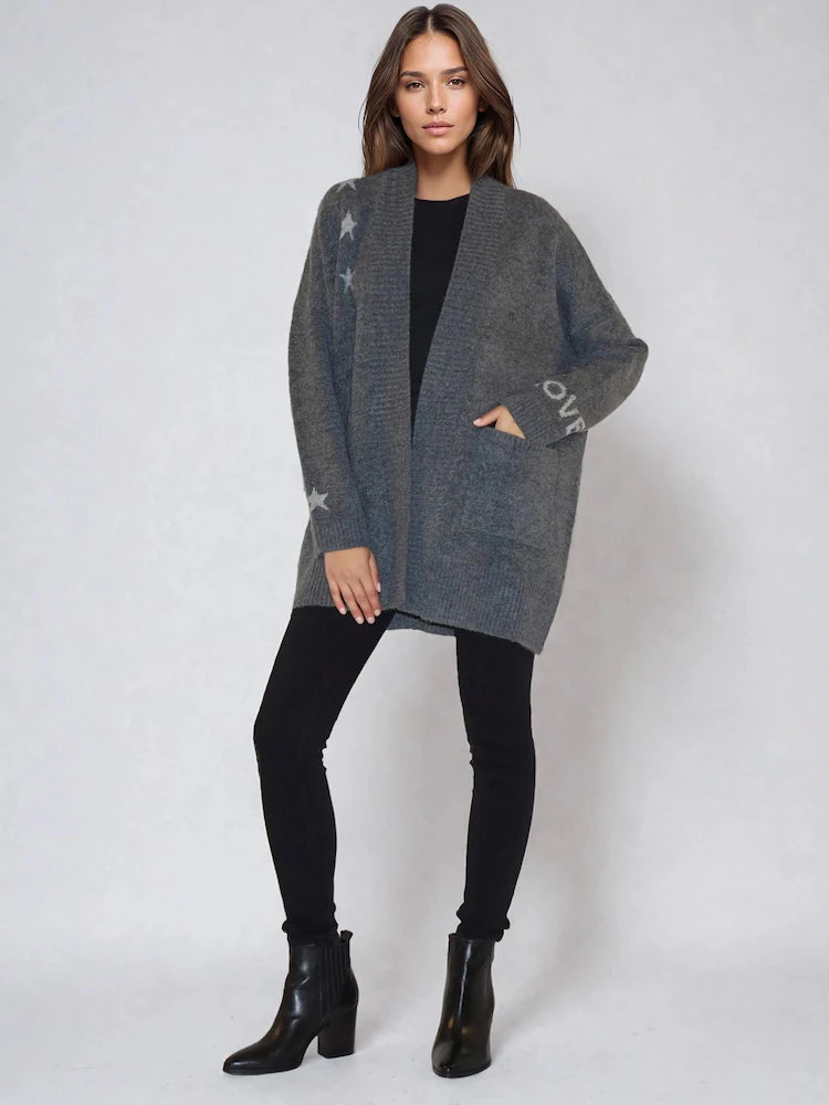 Religion Charcoal Grey Wild Heart Long Line Appliqué Cardigan