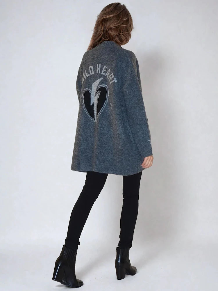 Religion Charcoal Grey Wild Heart Long Line Appliqué Cardigan