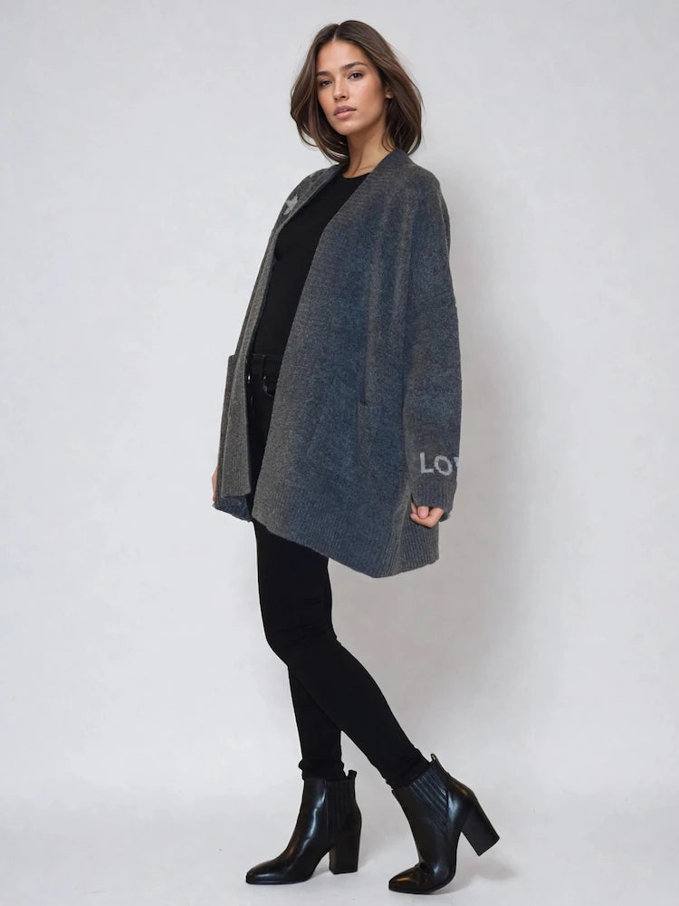 Religion Charcoal Grey Wild Heart Long Line Appliqué Cardigan