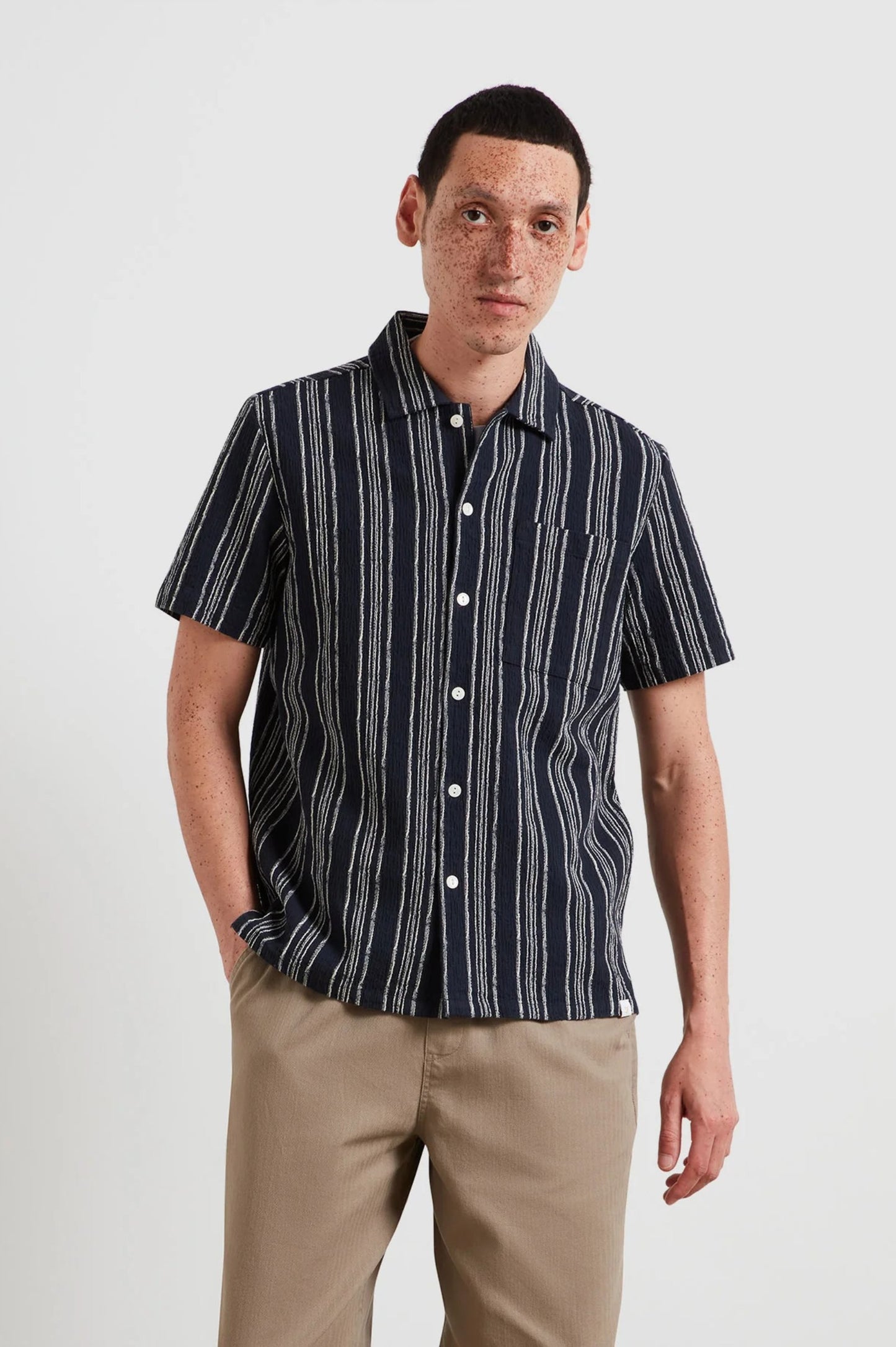 Farah Simon Striped Short Sleeve Shirt In True Navy