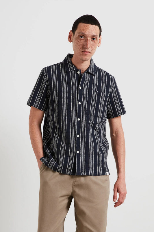 Farah Simon Striped Short Sleeve Shirt In True Navy