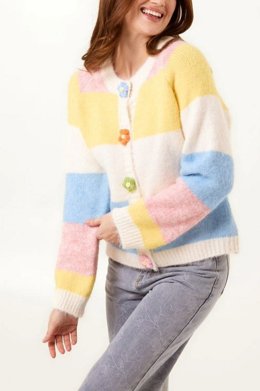 Nova of London Striped Block Flower Button Knit Cardigan