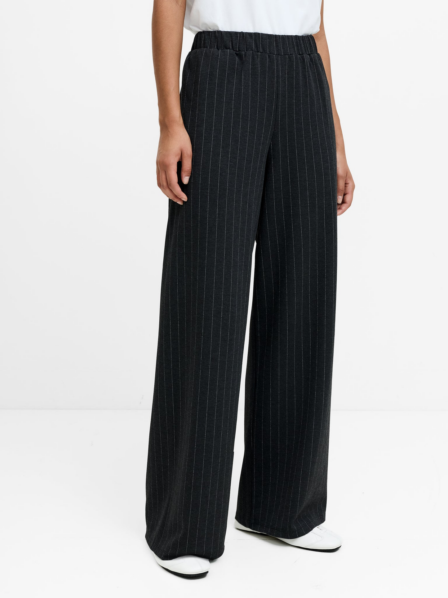 French Connection Sarai Grey Pinstripe Pull-On Wide Leg Trousers