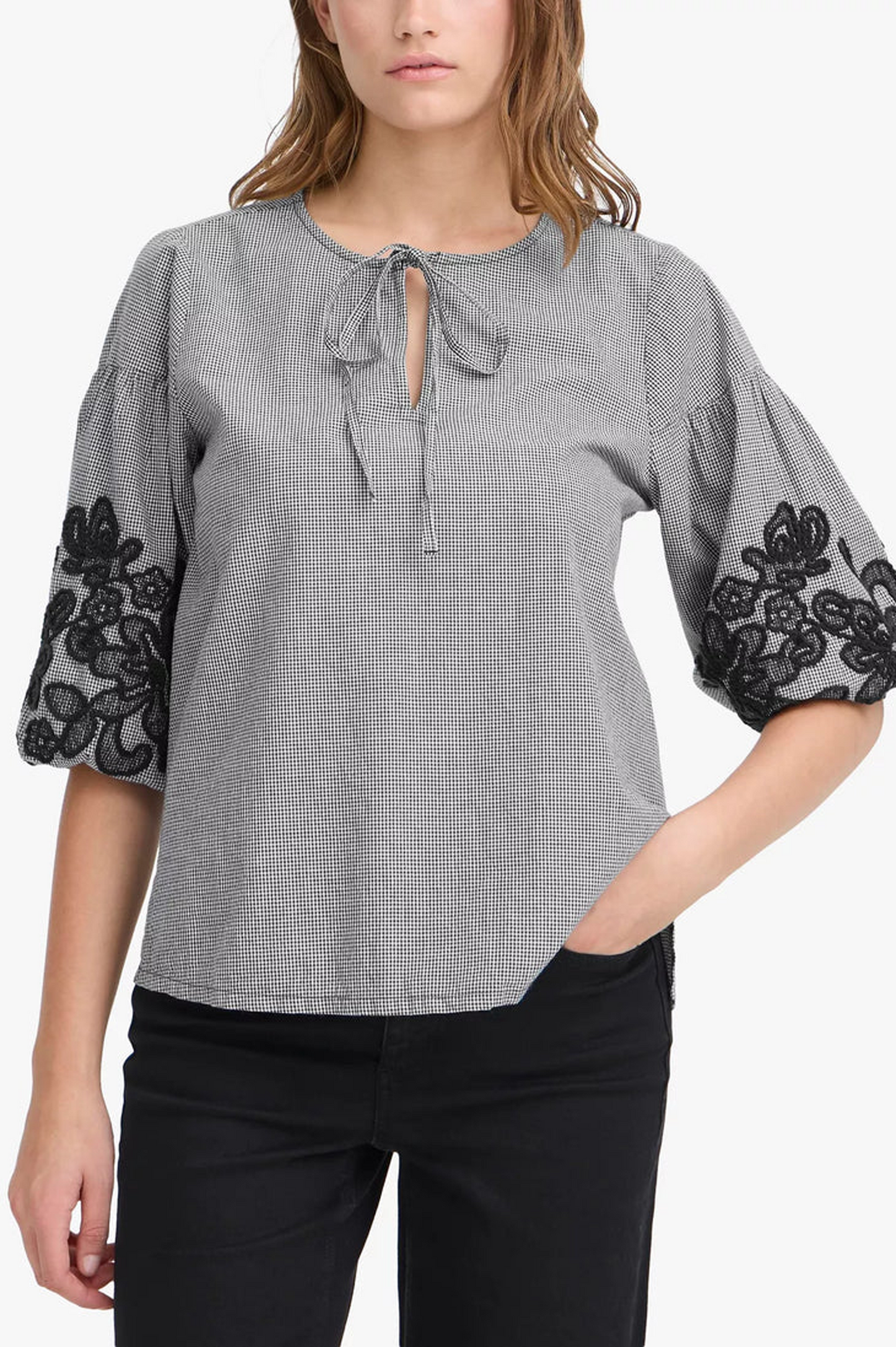 Ichi Ihfloza Tie-Neck Cotton Blouse, Eclipse
