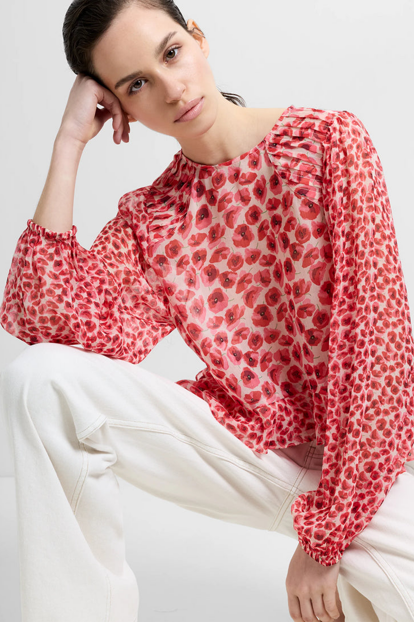 French Connection Poppy Emina Semi-Sheer Puff Sleeve Top