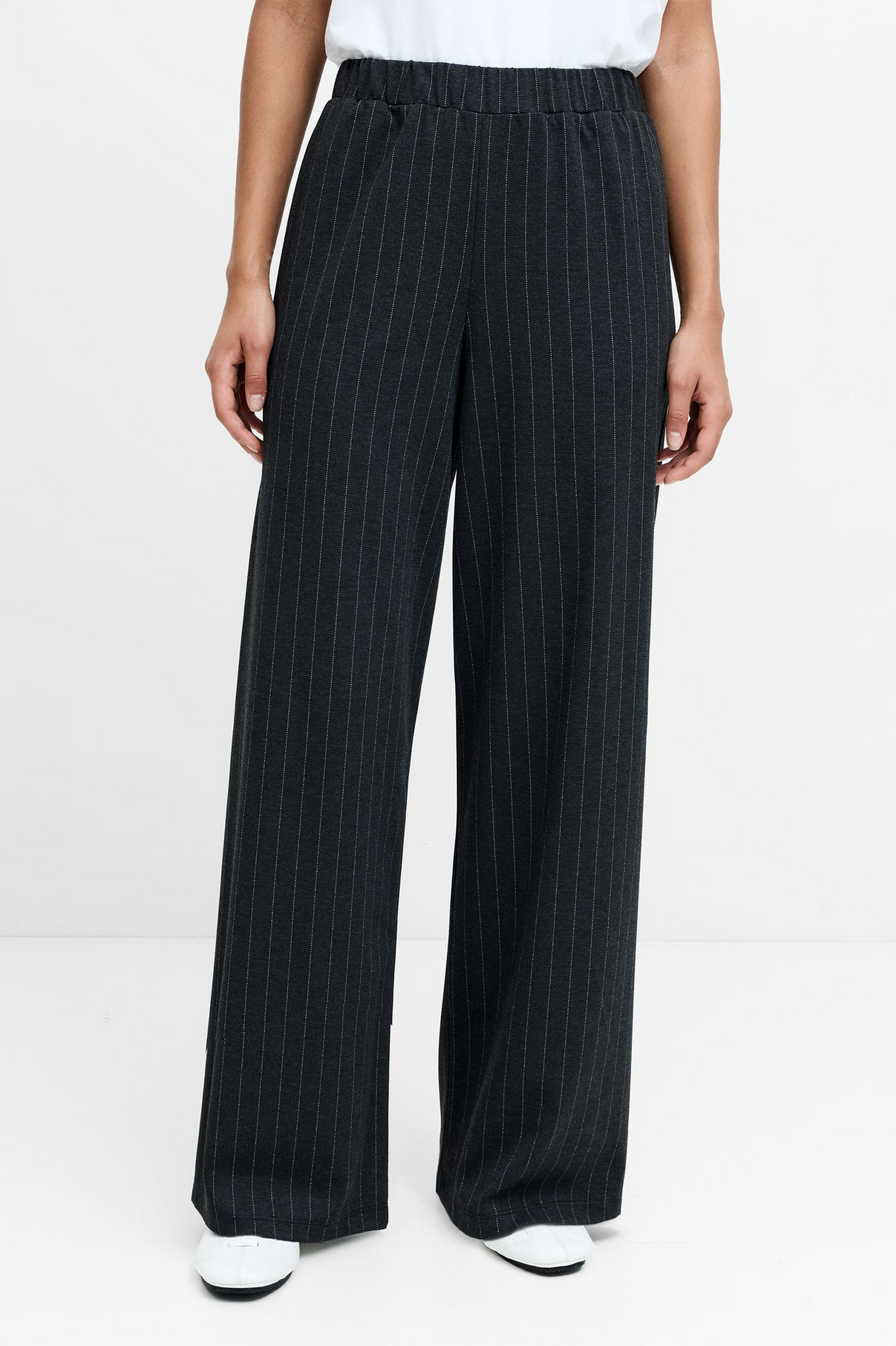 French Connection Sarai Grey Pinstripe Pull-On Wide Leg Trousers