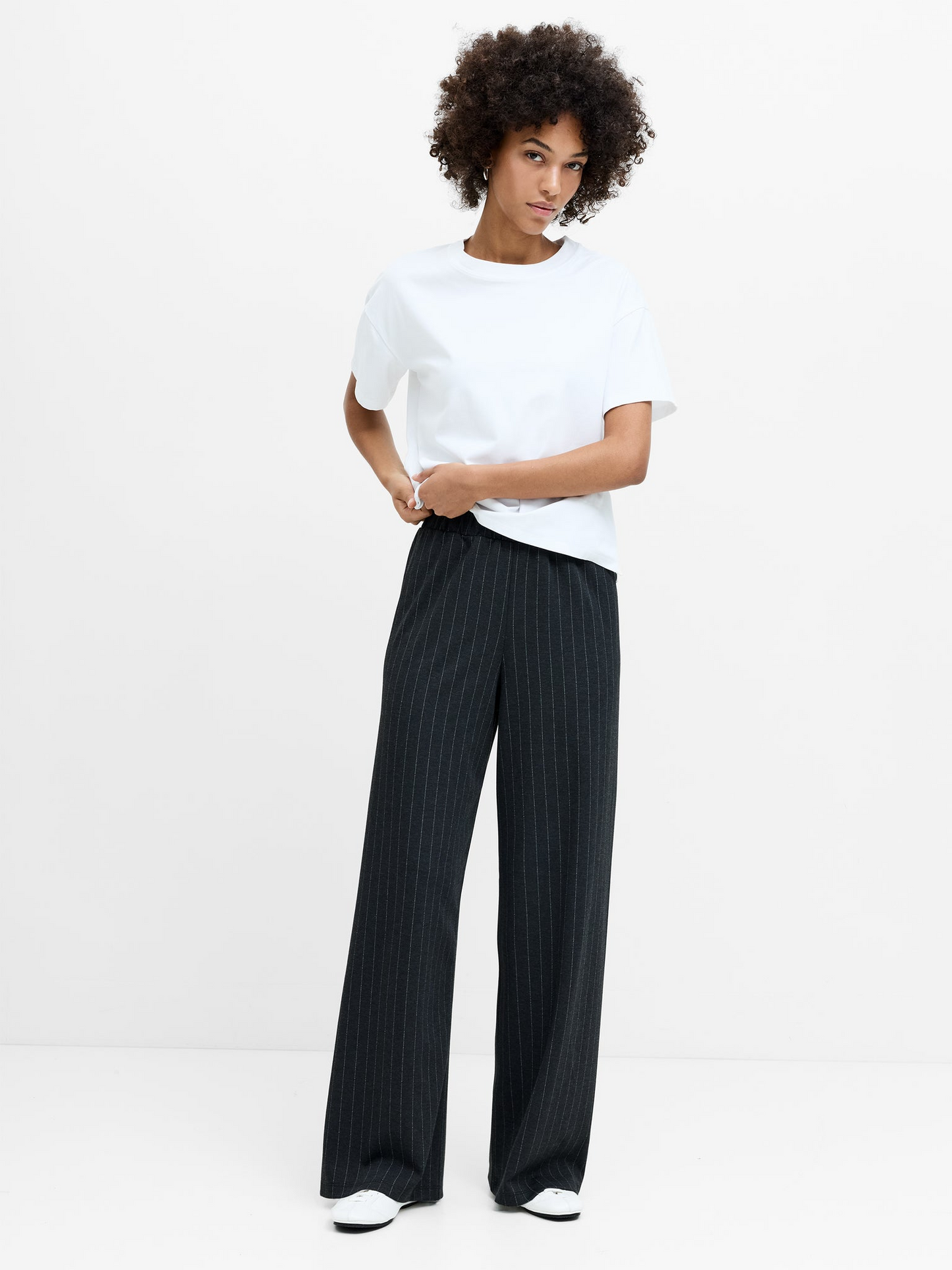 French Connection Sarai Grey Pinstripe Pull-On Wide Leg Trousers