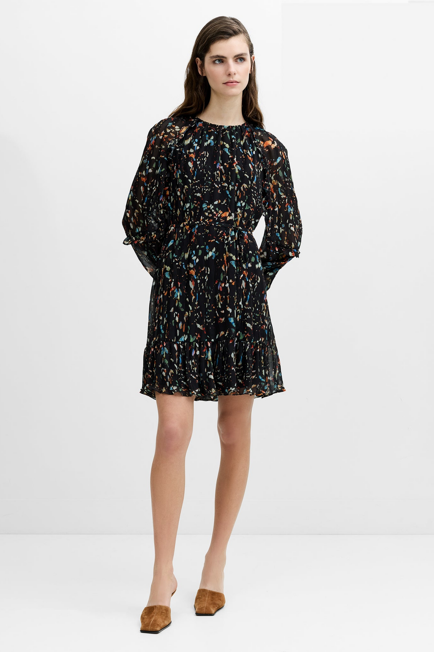 French Connection Kylie Black Abstract Printed Ruffle Mini Dress