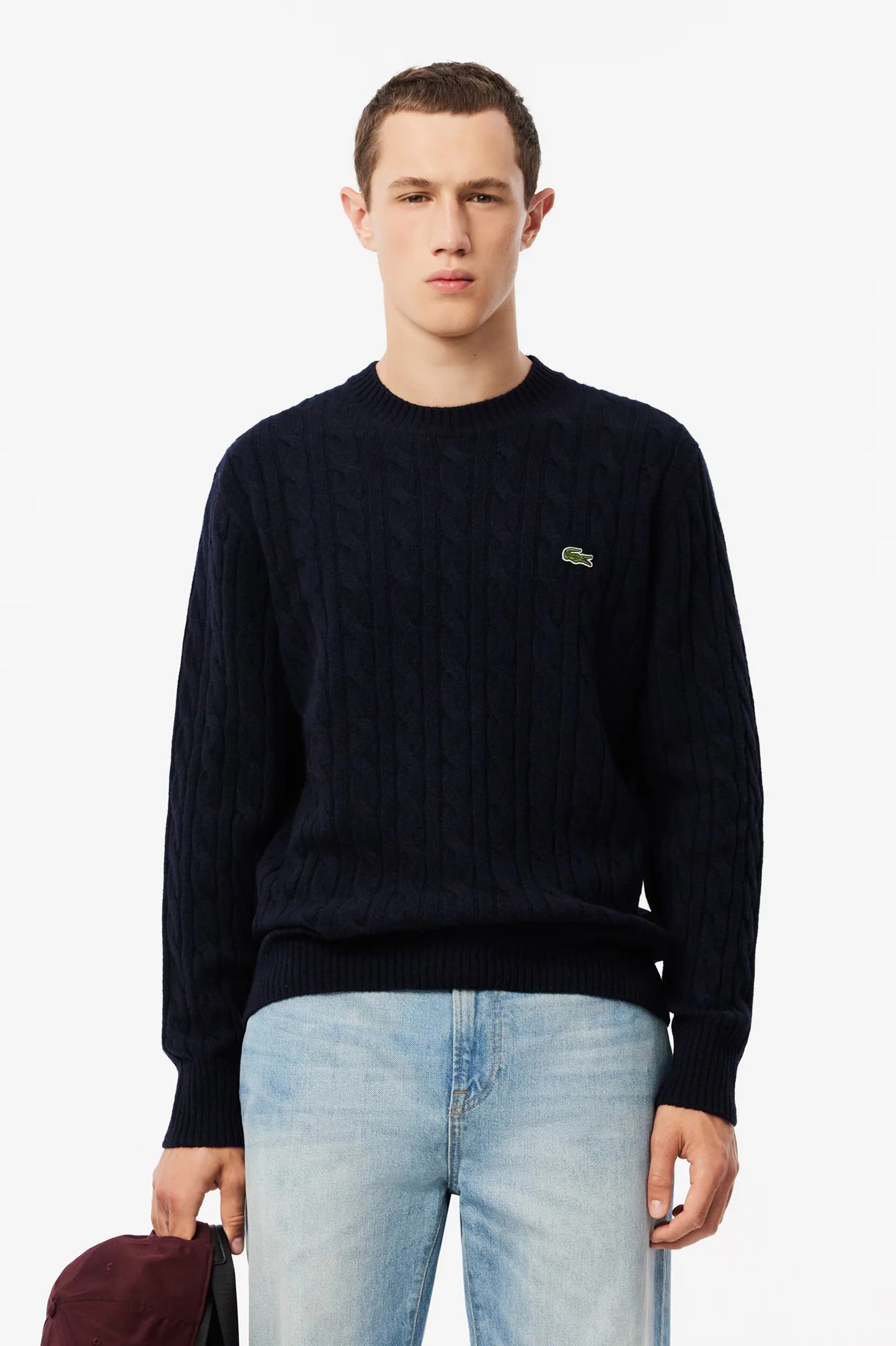 Lacoste Cable Knit Carded Wool Crew Neck Sweater