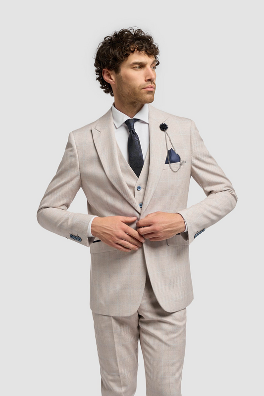 Cavani Caridi Beige Check Slim Fit Blazer