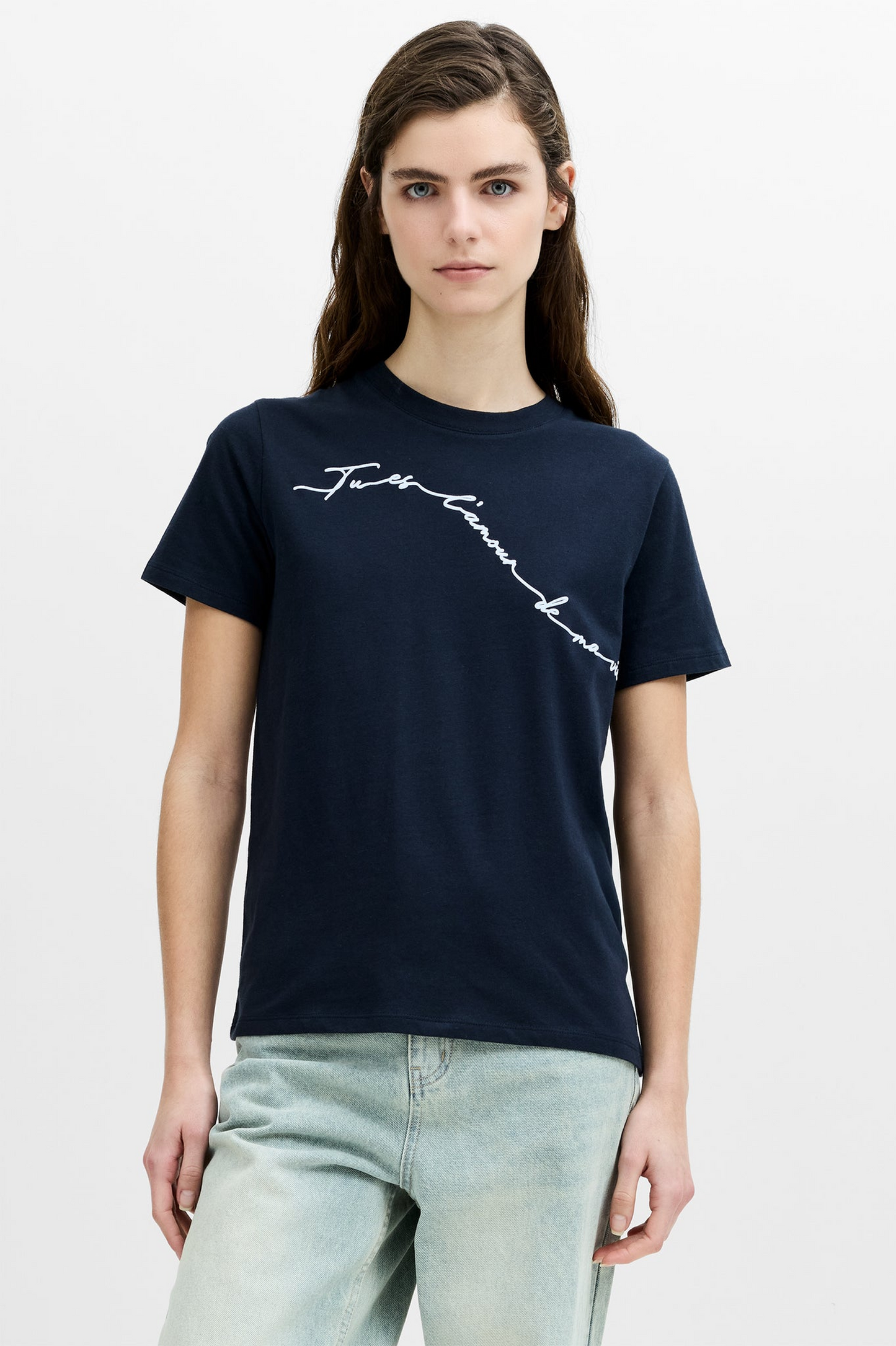French Connection Love Of My Life Flocked Script Navy Blue Cotton T-Shirt