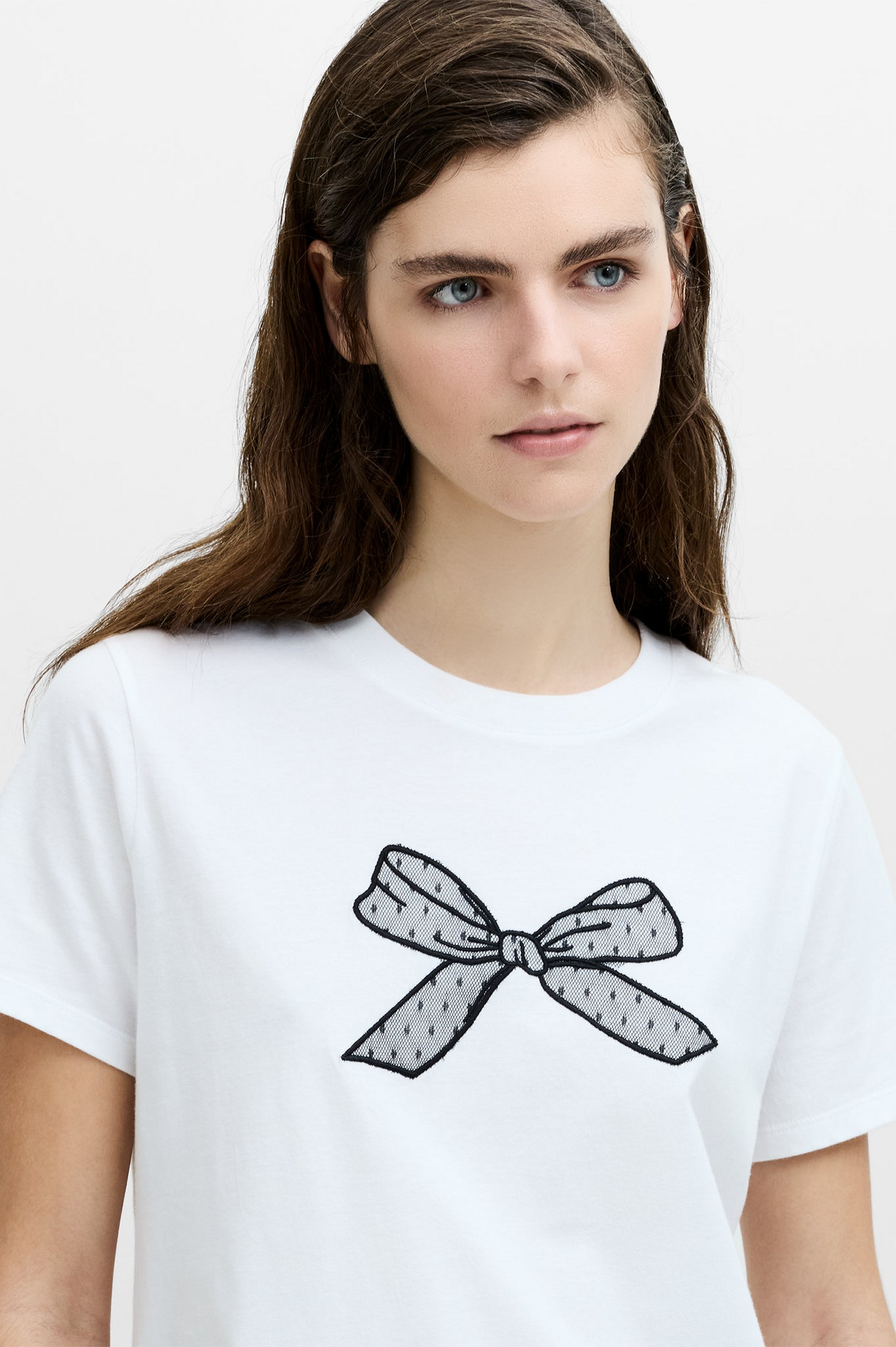 French Connection Mesh Bow White Cotton T-Shirt