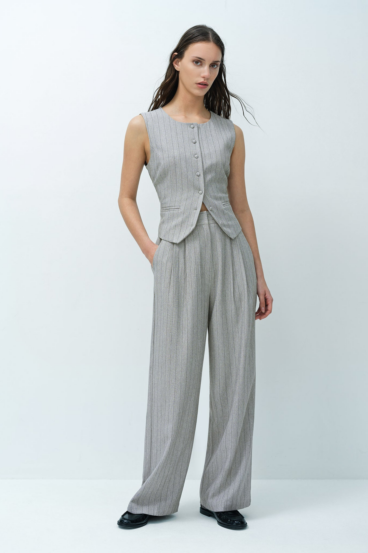 French Connection Enya Tailored Grey Pinstripe Wide Leg Trousers