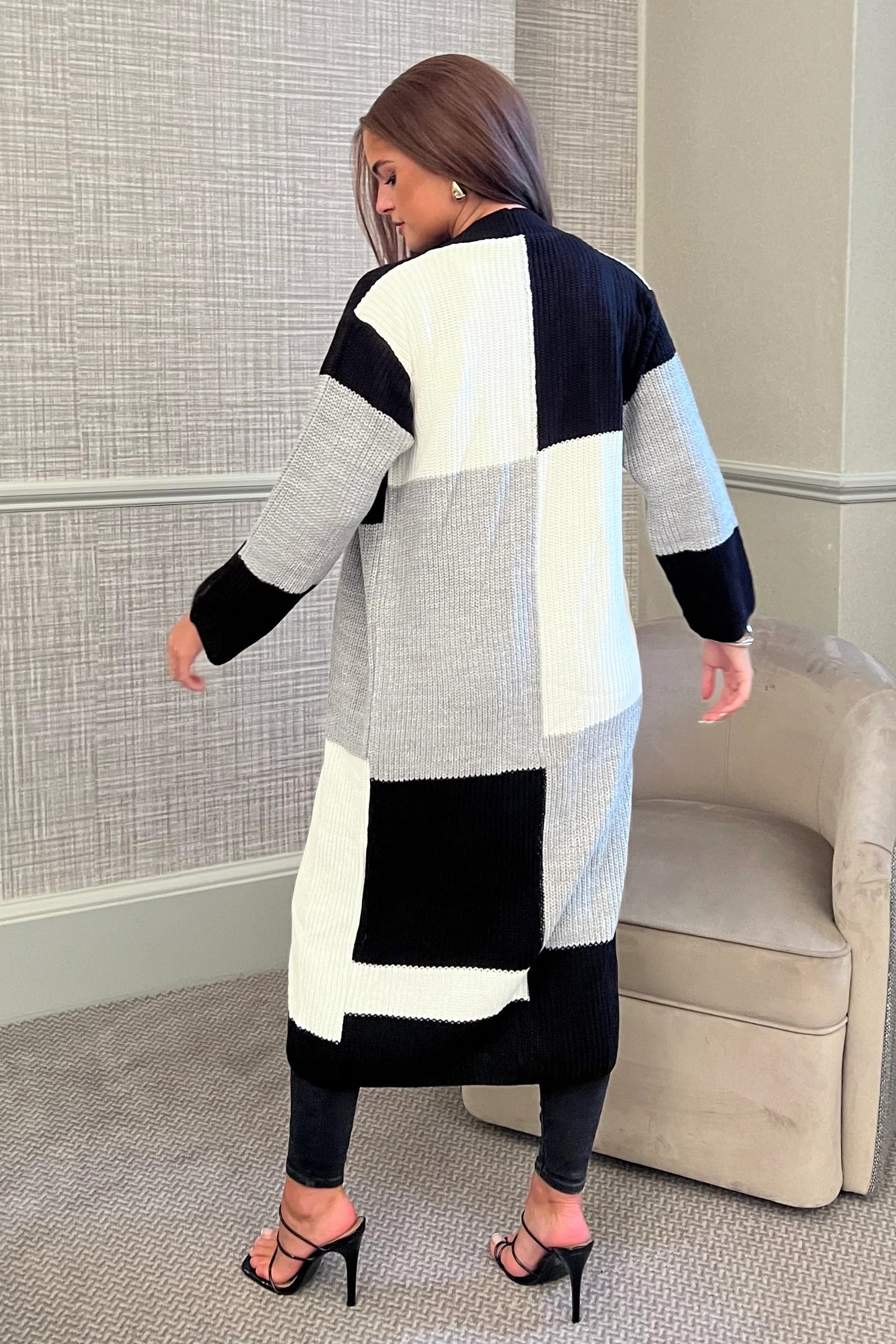 Girl in Mind Rhiannon Patchwork Knit Midi Cardigan in Monochrome