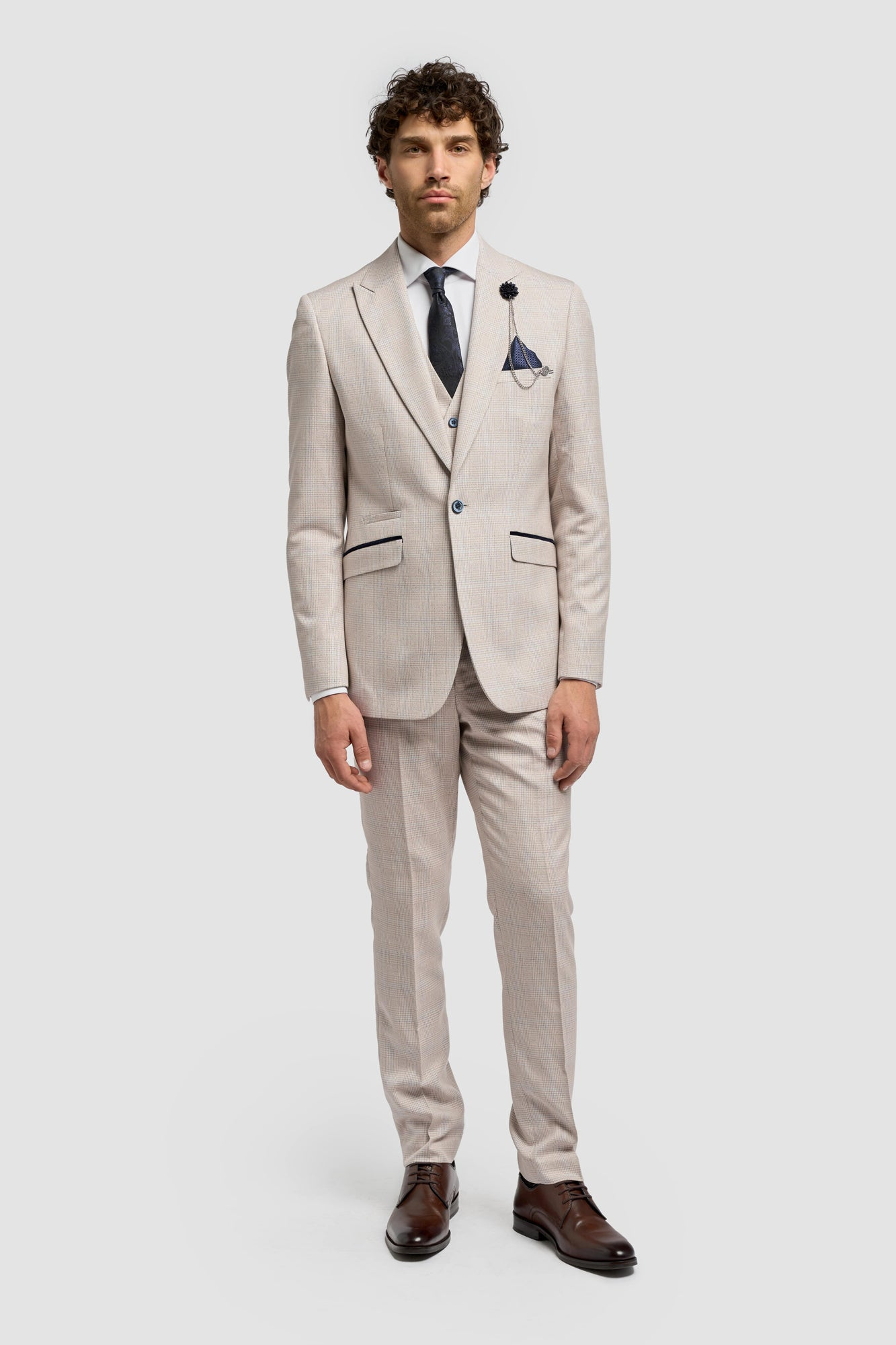 Cavani Caridi Beige Check Slim Fit Blazer