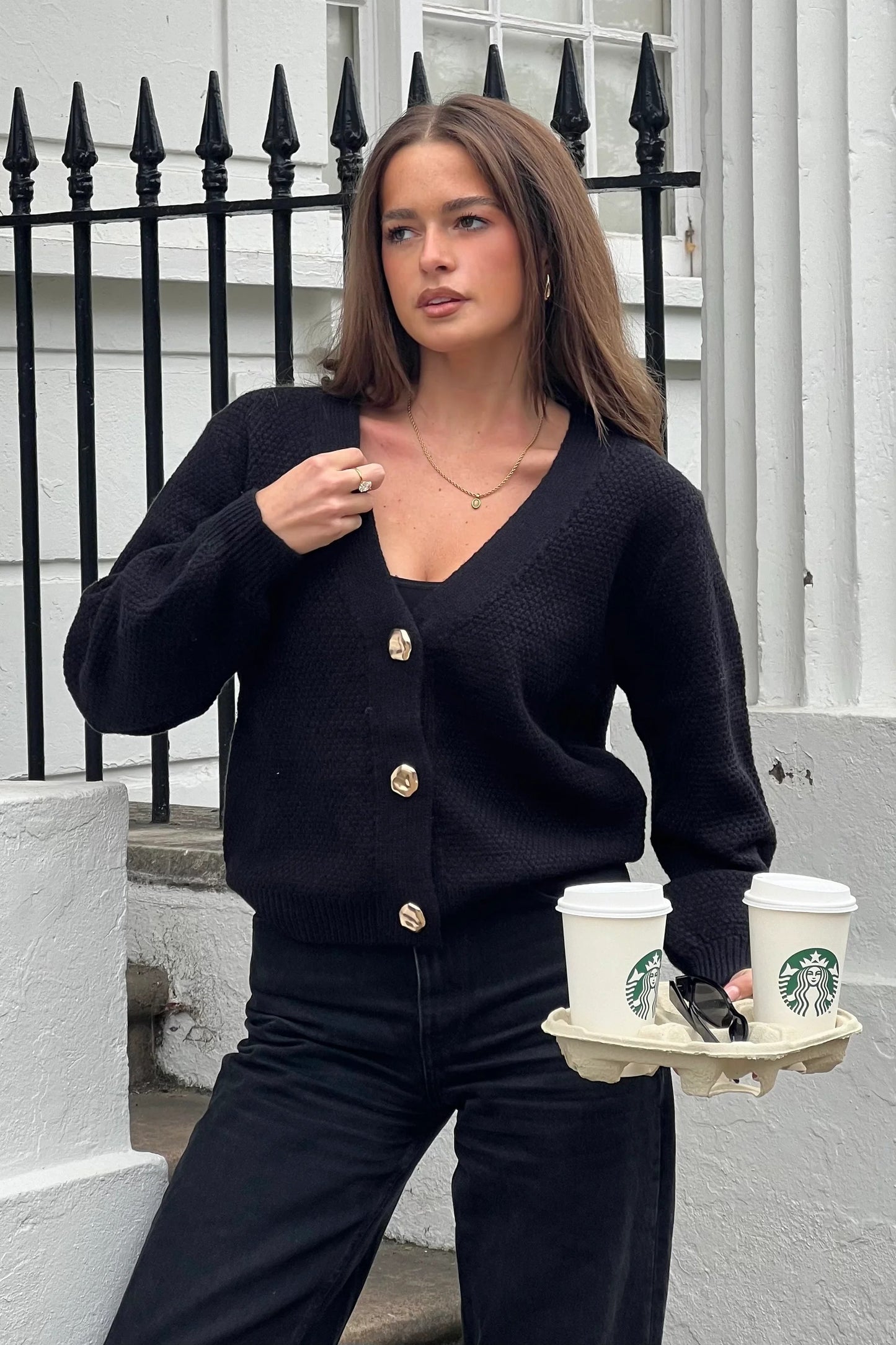 Girl in Mind Dominique V Neck Gold Button Cardigan Black