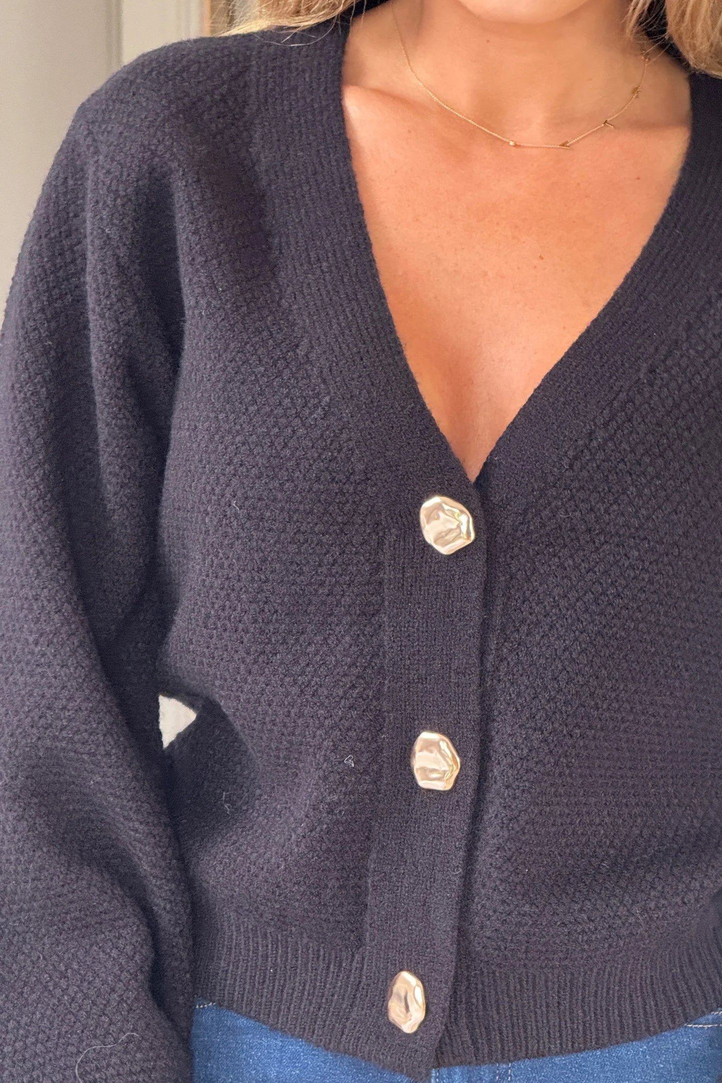Girl in Mind Dominique V Neck Gold Button Cardigan Black