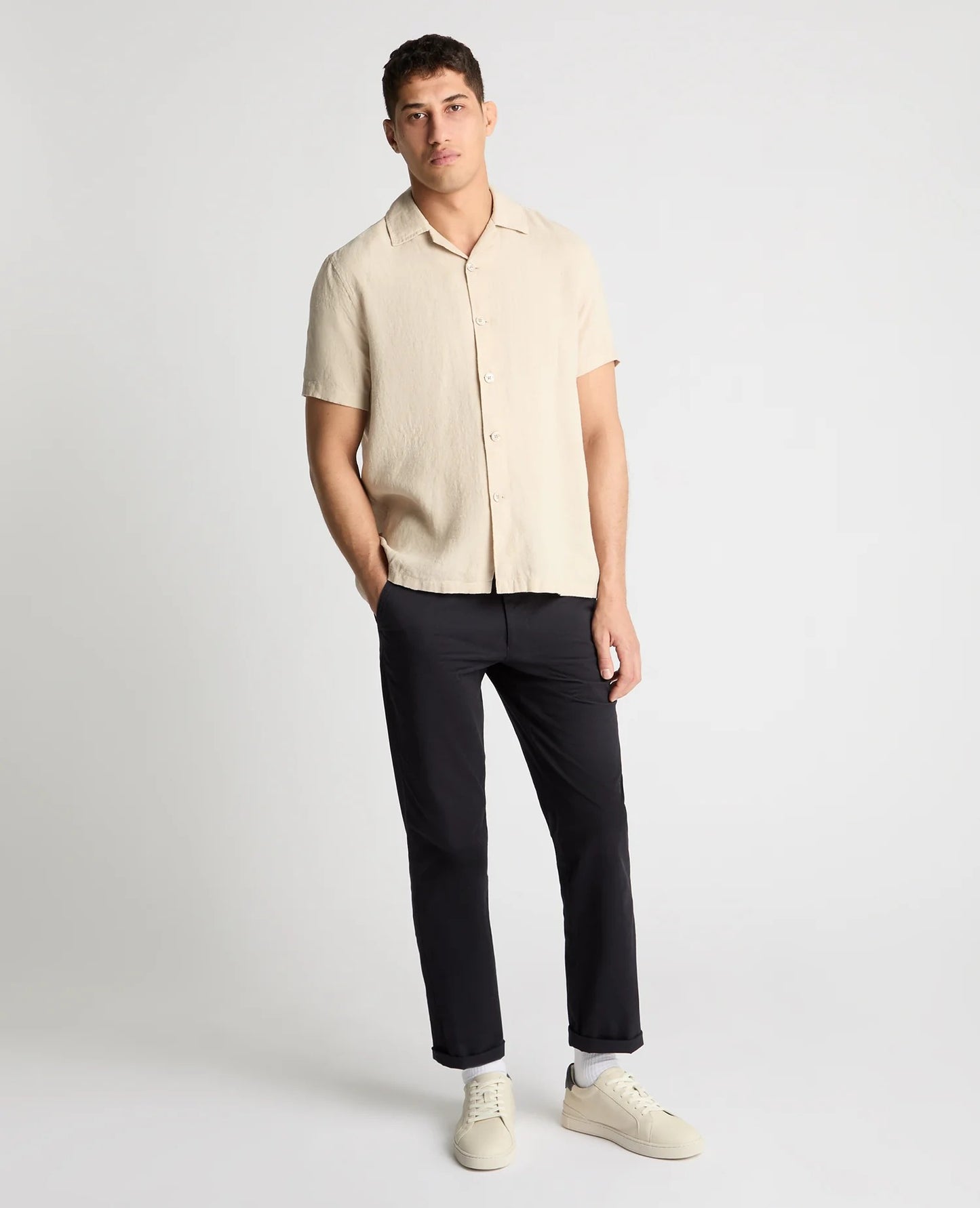 Remus Uomo Tapered Fit Short Sleeve Linen Shirt (Stone)