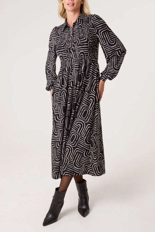 Nova of London Geo Swirl Shirred Button Stretch Dress